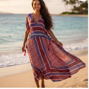 Souvenir. Multicolor V-Neck 100% Silk Drawstring Polynesian Caftan Maxi Dress XS